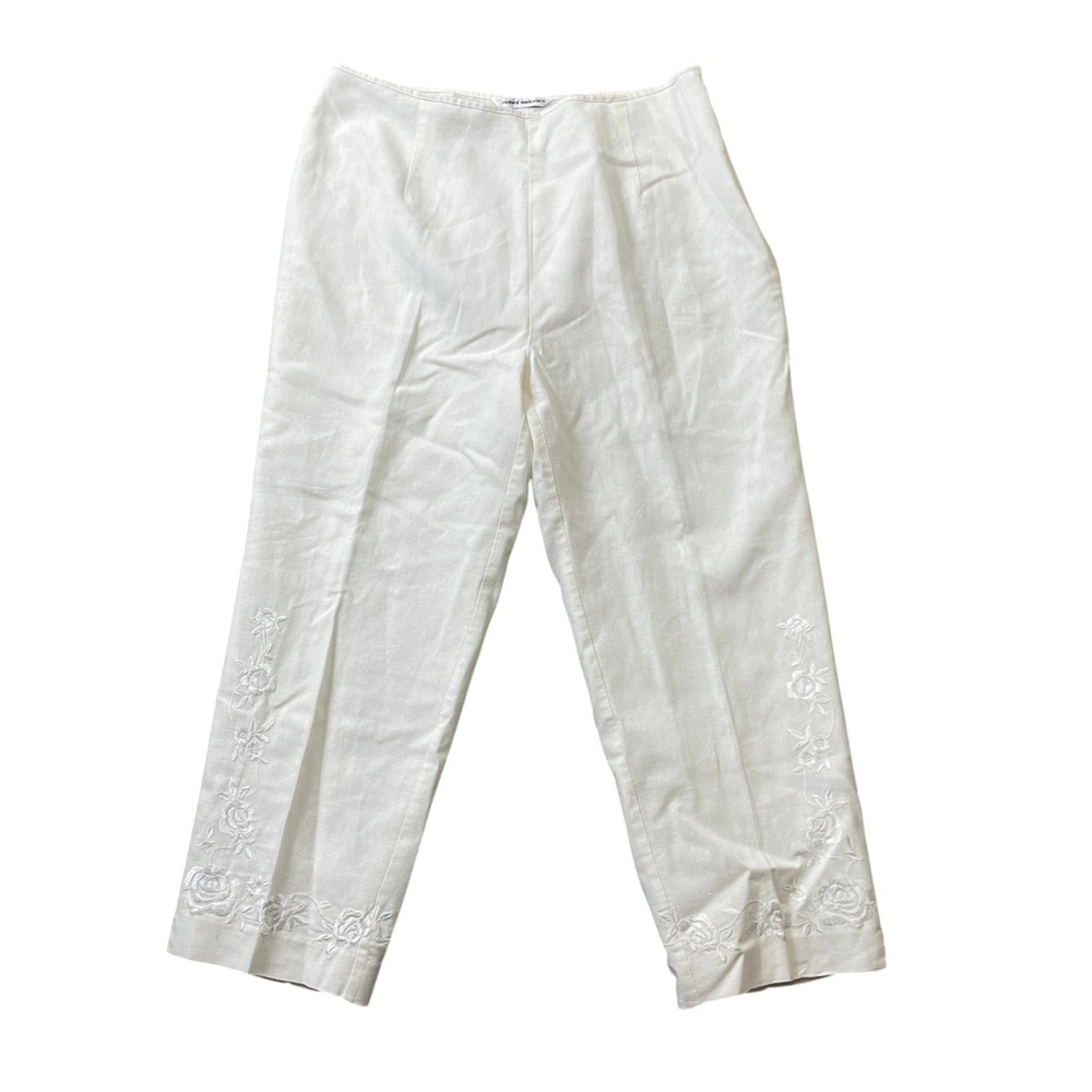 Richard Malcolm Off White Capri Embroidered Leg Side Zip Lined Irish Linen